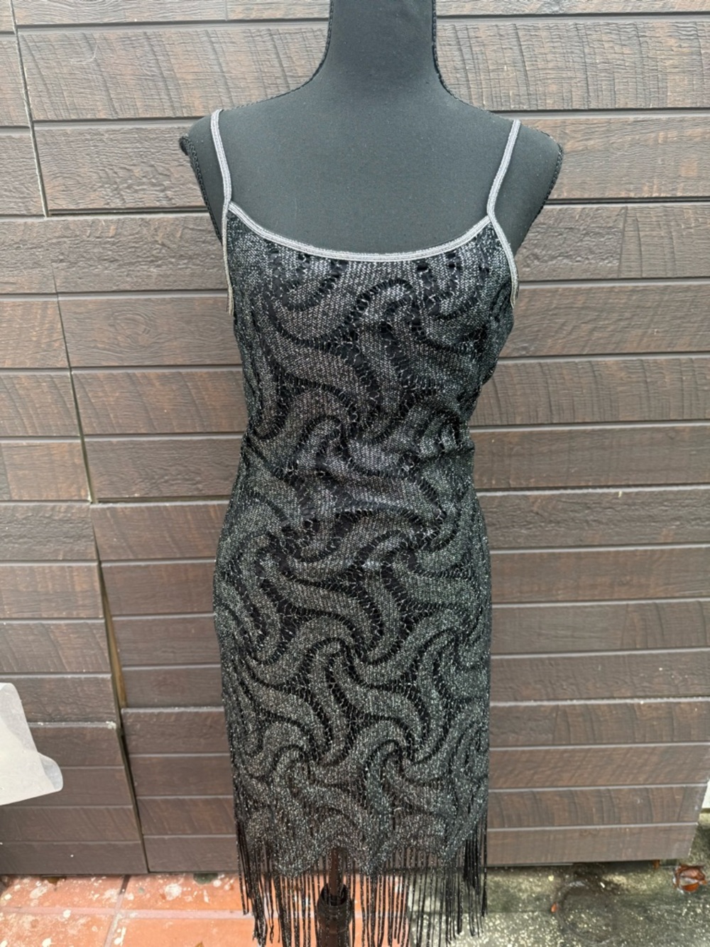 Vintage 90s California Concepts Metallic Gown Fringe Spaghetti Strap Dress